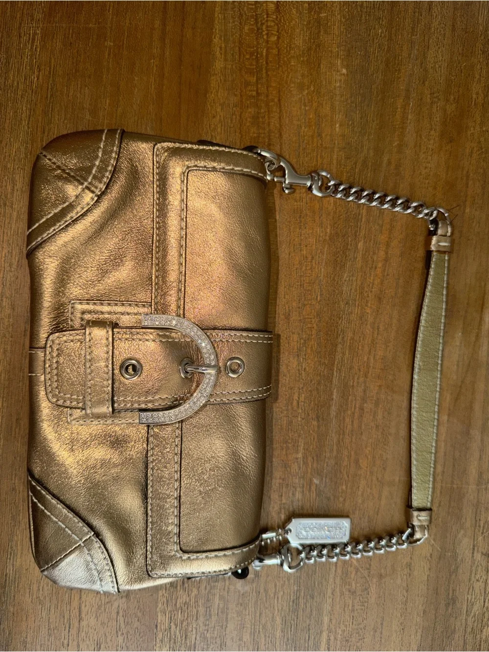 Coach Metallic Bronze Mini Wristlet with Buckle Detail